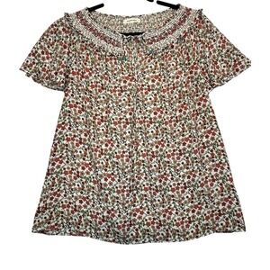 EUC S Floral Smocked Neck Flutter Sleeve Blouse Boho Cottagecore Feminine Spring